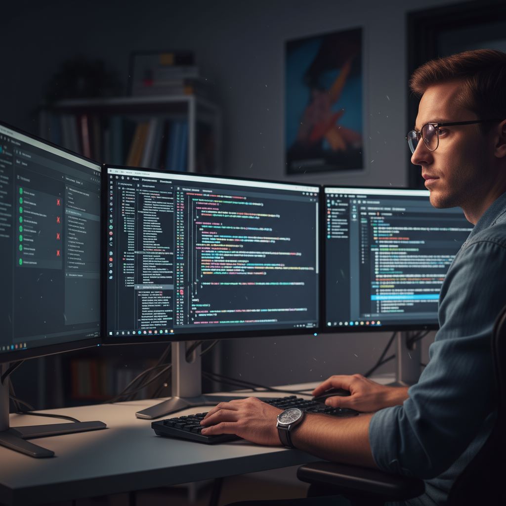 Professional QA testing illustration with 3D charts and analytics